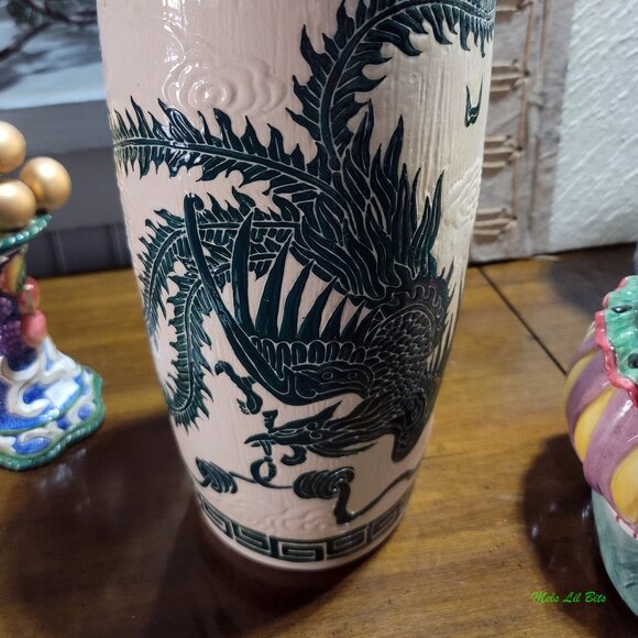 Tall Vintage Oriental Vase with Green Dragon and Peacock